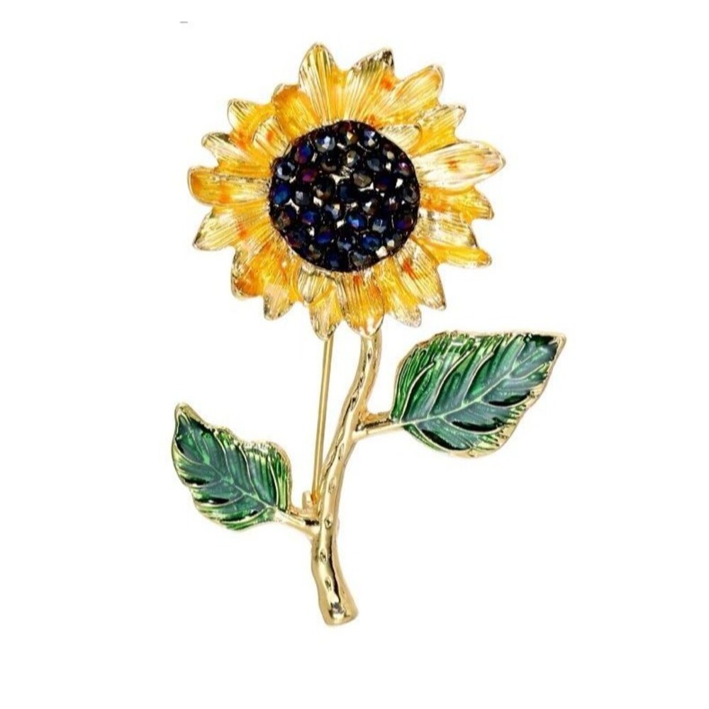 Enameled Sunflower Brooch Pin with Rhinestones for Women Gold-Tone Jewelry